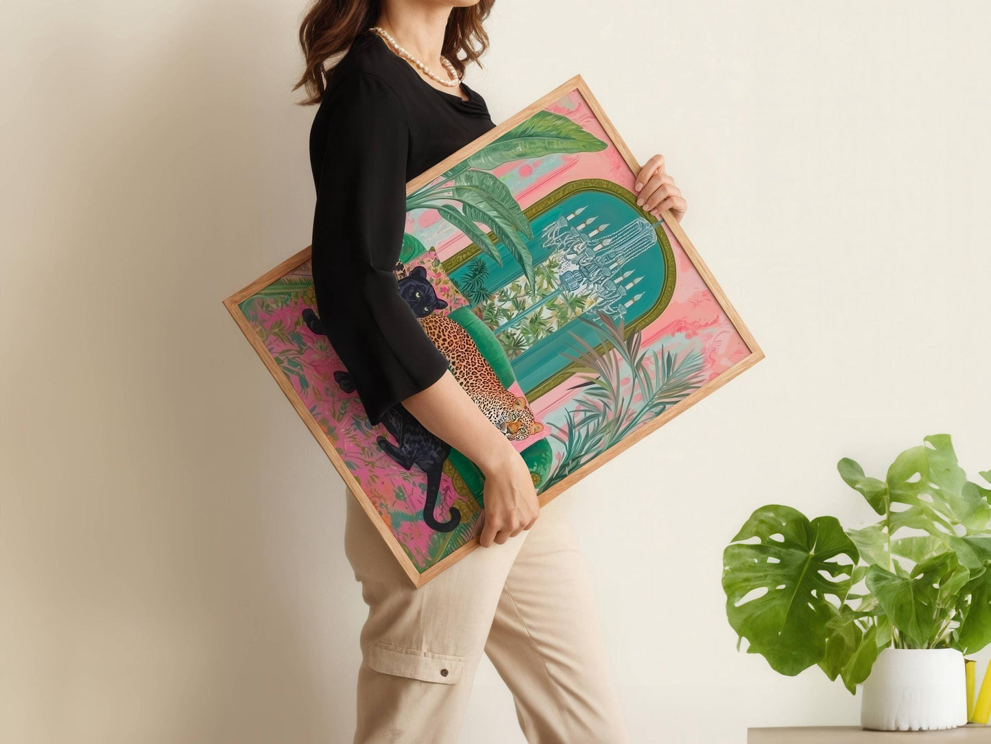 Panther and Leopard Wall Art – Jungle Glam Bedroom Decor – Pink and Green Maximalist Print – Bold Safari Animal Art – Tropical Cat Print