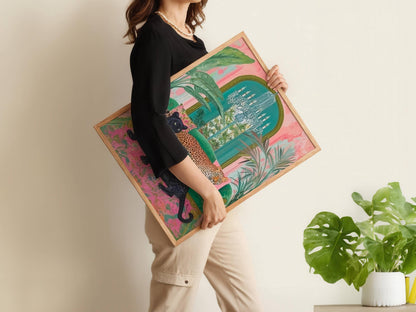 Panther and Leopard Wall Art – Jungle Glam Bedroom Decor – Pink and Green Maximalist Print – Bold Safari Animal Art – Tropical Cat Print