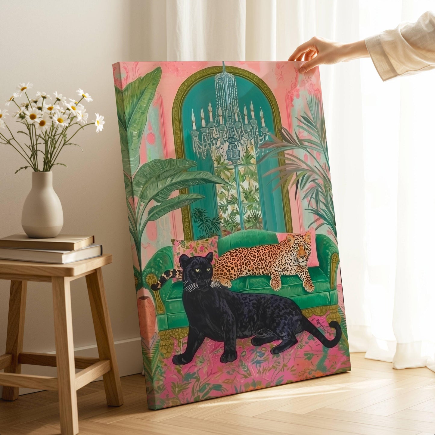 Panther and Leopard Wall Art – Jungle Glam Bedroom Decor – Pink and Green Maximalist Print – Bold Safari Animal Art – Tropical Cat Print