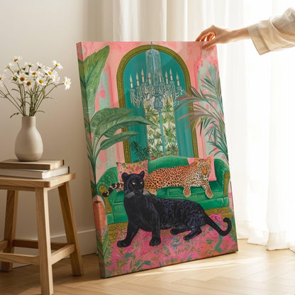 Panther and Leopard Wall Art – Jungle Glam Bedroom Decor – Pink and Green Maximalist Print – Bold Safari Animal Art – Tropical Cat Print