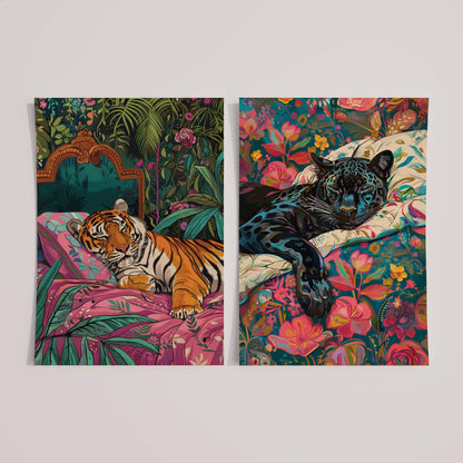 Set Of Two Prints - Tiger and Puma Sleeping Bedroom Art