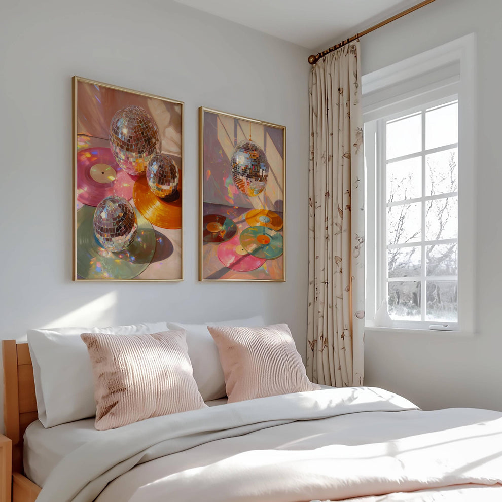 Disco Ball and Records Wall Art Set of 2 Prints – Funky Maximalist Wall Art Retro Wall Decor Gift For Record Lover Disco Ball Music Art