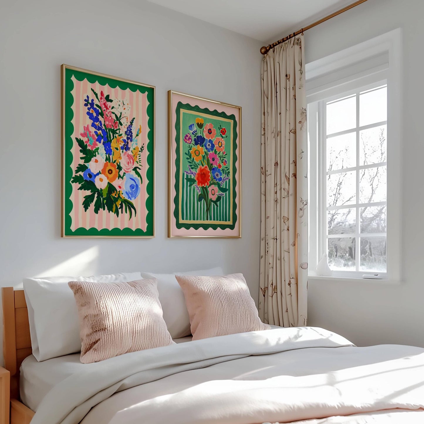 Pink and Green Floral Wall Art - Set of Two Art Prints