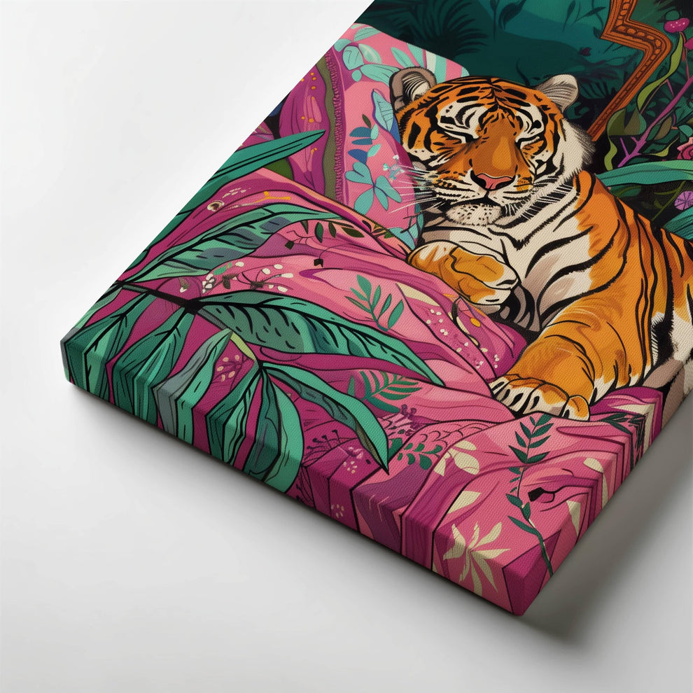Sleeping Tiger in Bed Art Print – Maximalist Jungle Wall Art, Bold Animal Decor, Tiger Bedroom Poster, Rest Aesthetic, Gift for Her