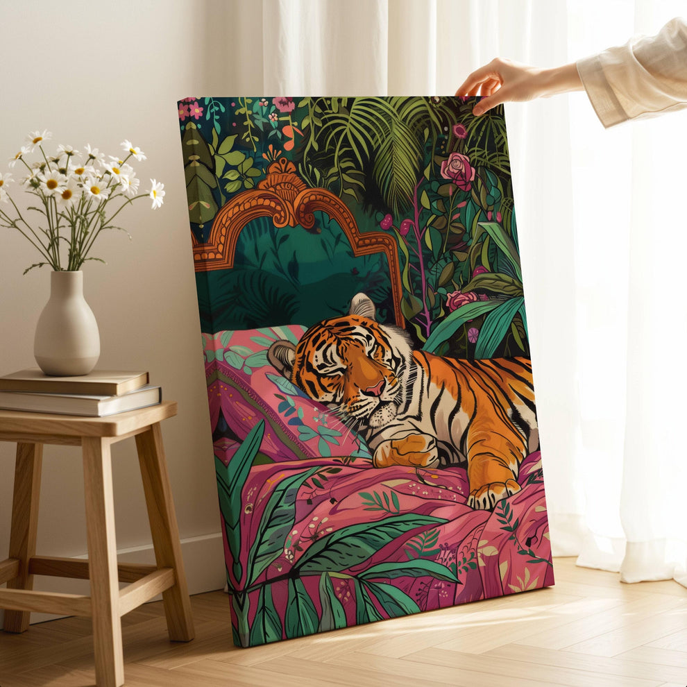 Sleeping Tiger in Bed Art Print – Maximalist Jungle Wall Art, Bold Animal Decor, Tiger Bedroom Poster, Rest Aesthetic, Gift for Her