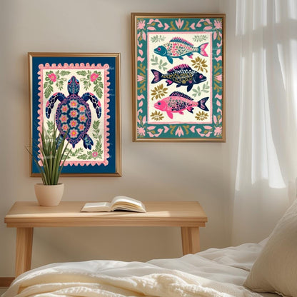 Set of 2 Coastal Wall Art Prints – Sea Turtle & Fish Art – Ocean Bathroom Wall Decor – Coastal Luxury Beach House Prints