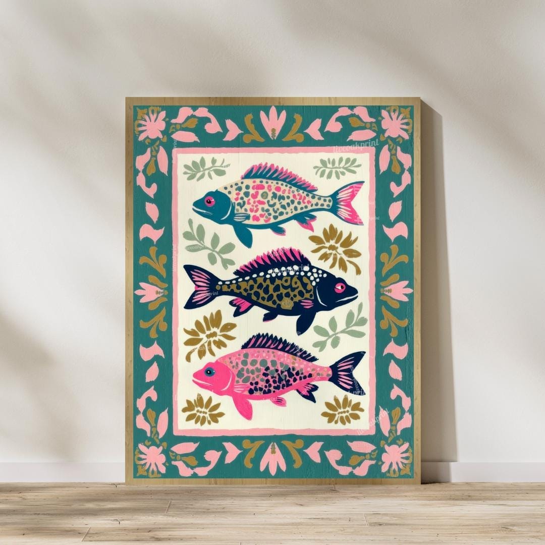 Set of 2 Coastal Wall Art Prints – Sea Turtle & Fish Art – Ocean Bathroom Wall Decor – Coastal Luxury Beach House Prints