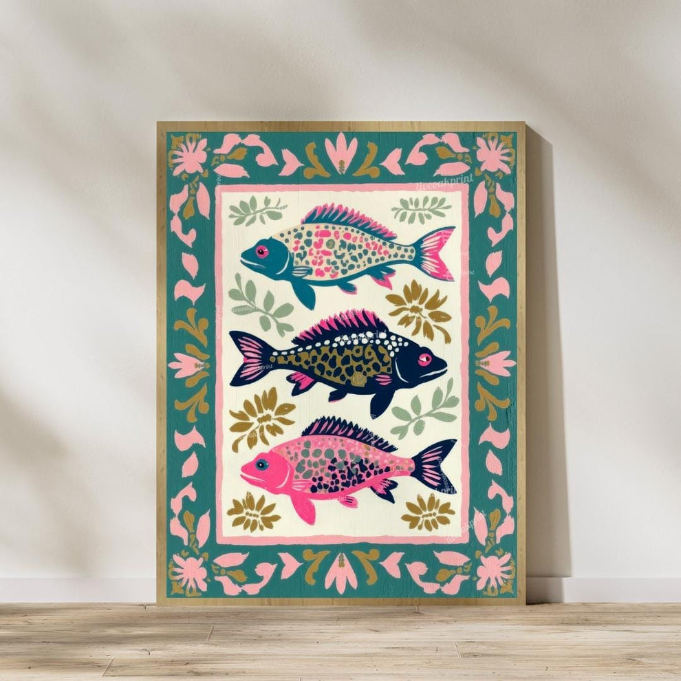 Set of 2 Coastal Wall Art Prints – Sea Turtle & Fish Art – Ocean Bathroom Wall Decor – Coastal Luxury Beach House Prints