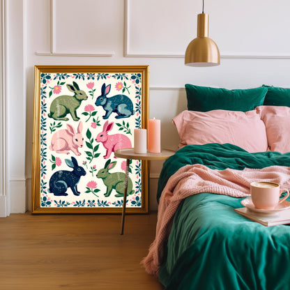 Rabbits Art Print - Playful Luxury Home Decor - Woodland Forest Wall Art Pine Tree Cute Rustic Wall Art