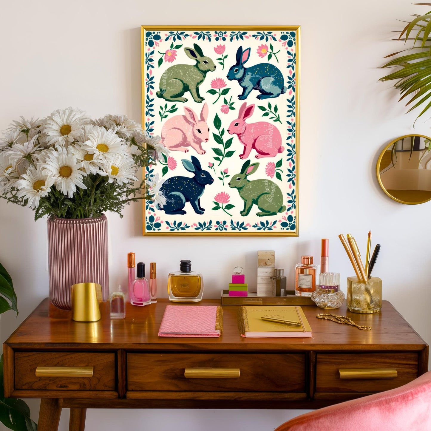 Rabbits Art Print - Playful Luxury Home Decor - Woodland Forest Wall Art Pine Tree Cute Rustic Wall Art