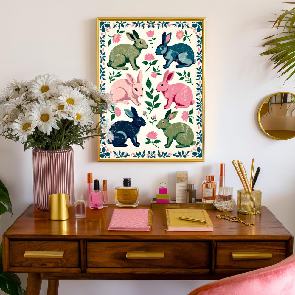 Rabbits Art Print - Playful Luxury Home Decor - Woodland Forest Wall Art Pine Tree Cute Rustic Wall Art