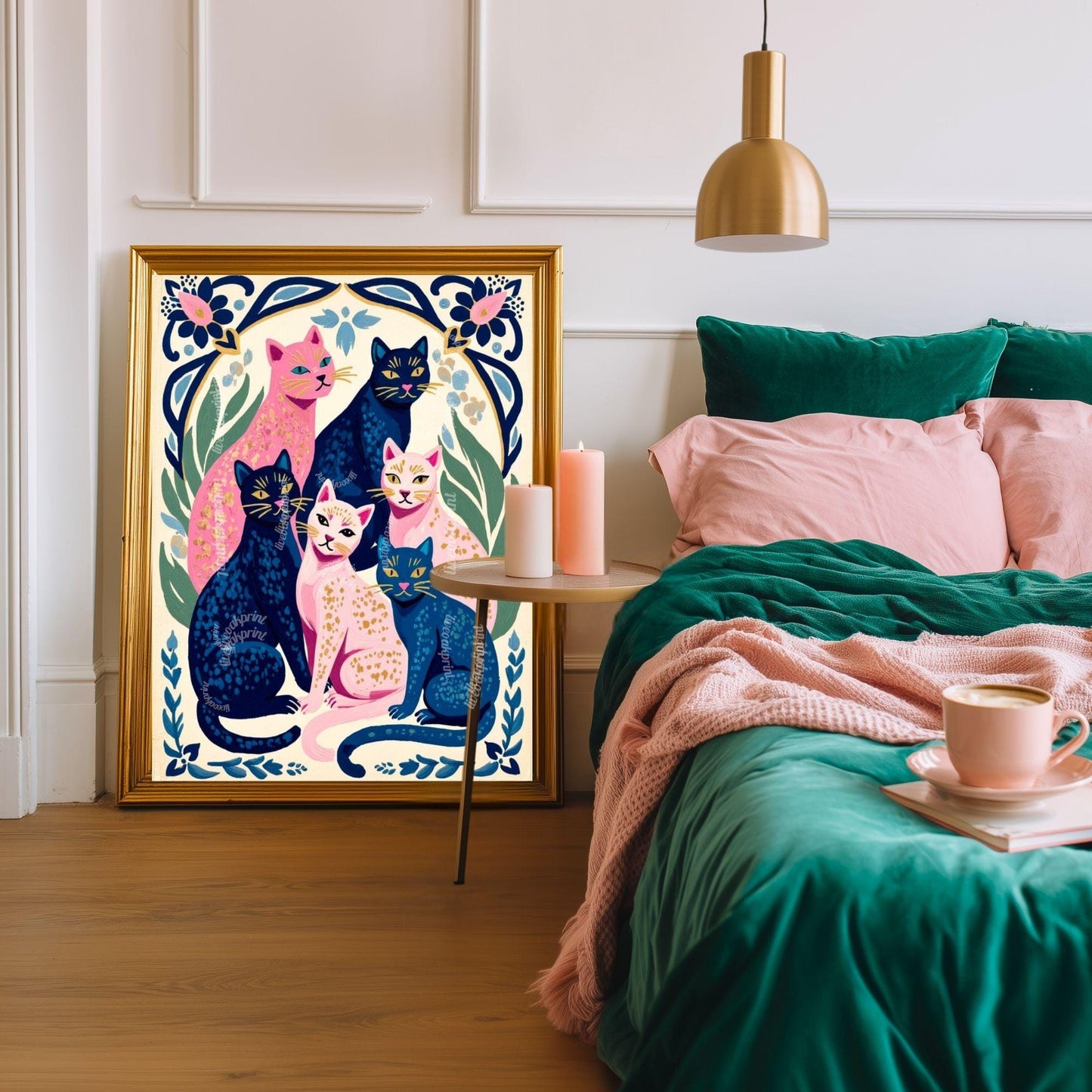 Colorful Cat Art Print | Whimsical Feline Wall Art | Pink & Blue Cat Poster | Gift for Cat Lovers | Modern Maximalist Decor