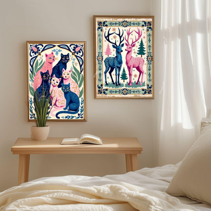 Colorful Cat Art Print | Whimsical Feline Wall Art | Pink & Blue Cat Poster | Gift for Cat Lovers | Modern Maximalist Decor