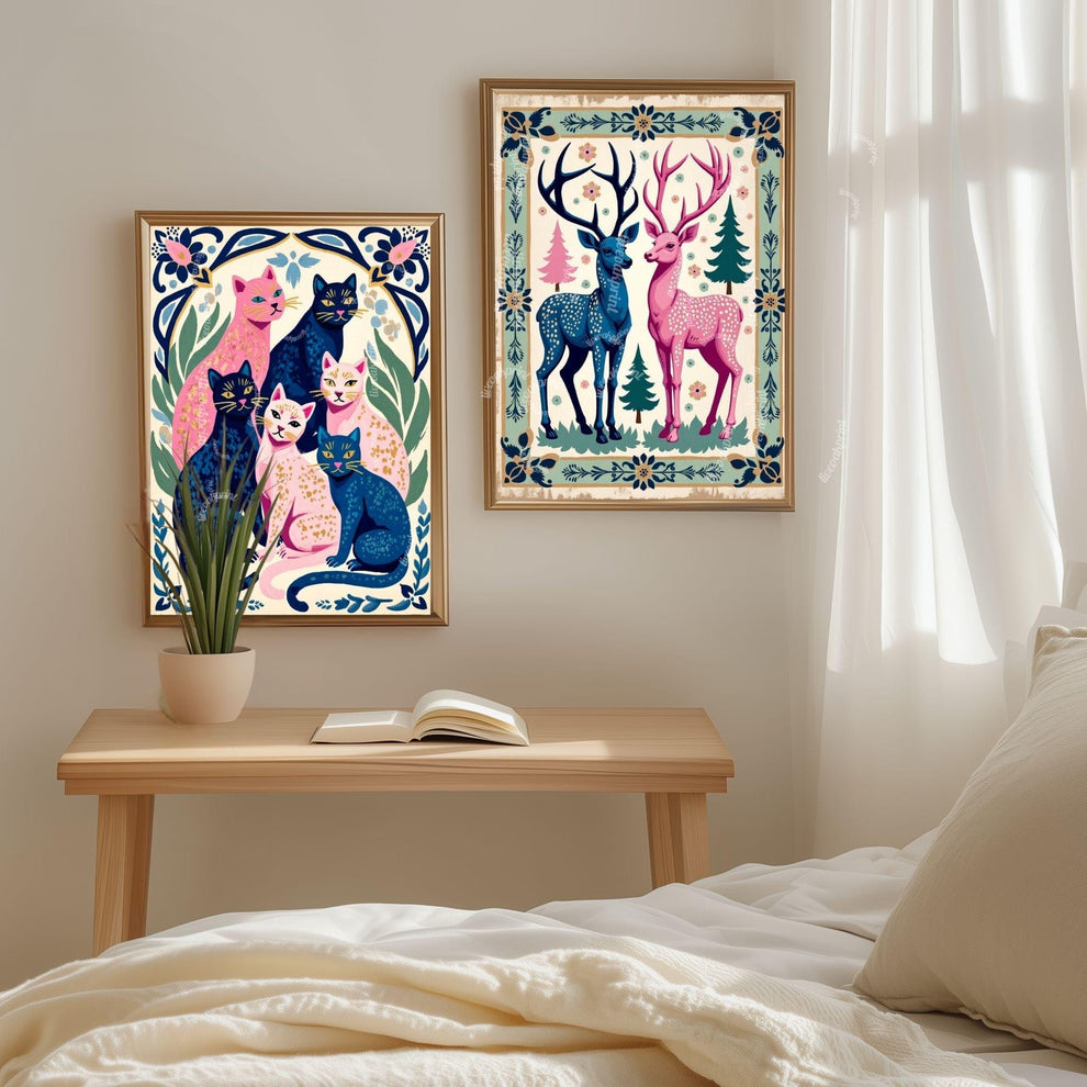 Colorful Cat Art Print | Whimsical Feline Wall Art | Pink & Blue Cat Poster | Gift for Cat Lovers | Modern Maximalist Decor