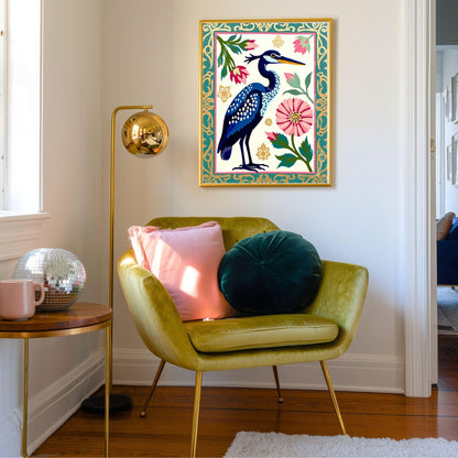 Blue Heron Art Print | Whimsical Bird Wall Art | Floral Heron Poster | Nature-Inspired Decor | Modern Maximalist Print | Framed or Unframed