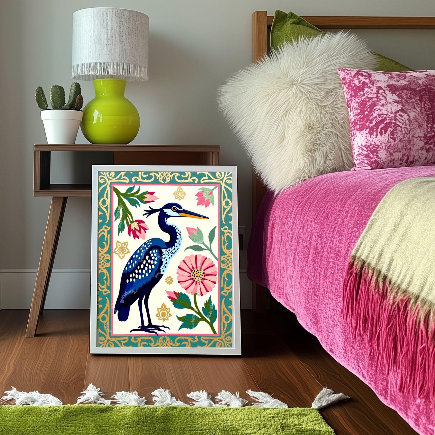 Blue Heron Art Print | Whimsical Bird Wall Art | Floral Heron Poster | Nature-Inspired Decor | Modern Maximalist Print | Framed or Unframed