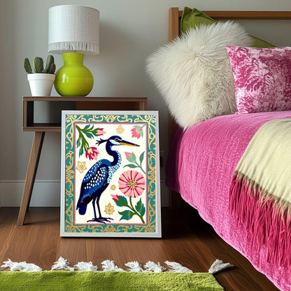Blue Heron Art Print | Whimsical Bird Wall Art | Floral Heron Poster | Nature-Inspired Decor | Modern Maximalist Print | Framed or Unframed