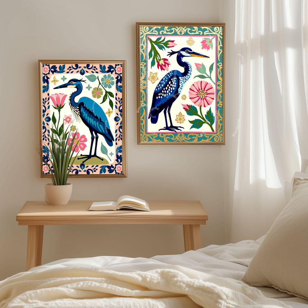 Blue Heron Wall Art | Floral Bird Wall Art | Whimsical Nature Poster | Pink and Blue Home Decor | Modern Maximalist Art