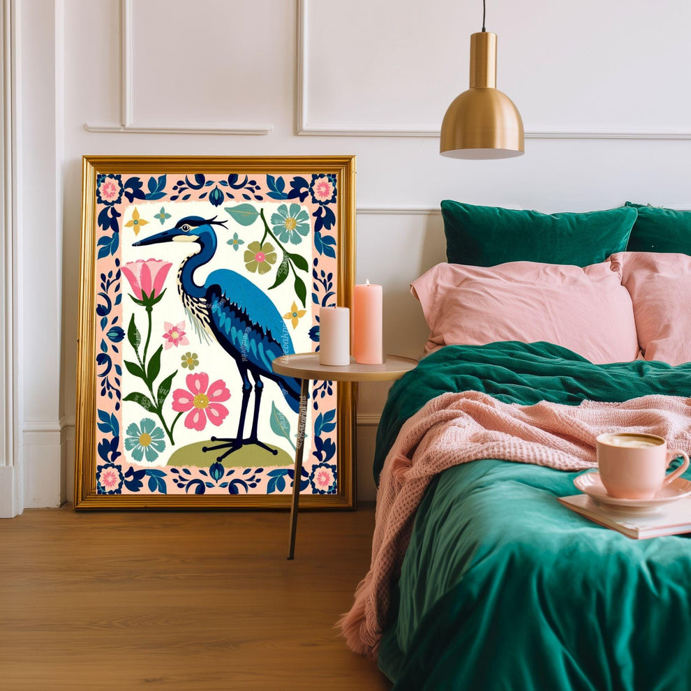 Blue Heron Wall Art | Floral Bird Wall Art | Whimsical Nature Poster | Pink and Blue Home Decor | Modern Maximalist Art