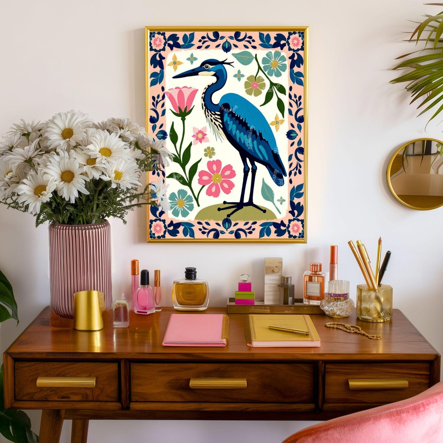 Blue Heron Wall Art | Floral Bird Wall Art | Whimsical Nature Poster | Pink and Blue Home Decor | Modern Maximalist Art