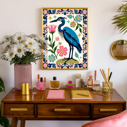 Blue Heron Wall Art | Floral Bird Wall Art | Whimsical Nature Poster | Pink and Blue Home Decor | Modern Maximalist Art