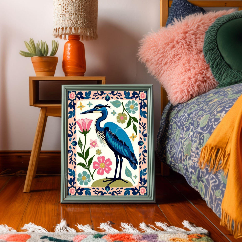 Blue Heron Wall Art | Floral Bird Wall Art | Whimsical Nature Poster | Pink and Blue Home Decor | Modern Maximalist Art