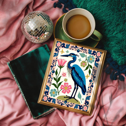 Blue Heron Wall Art | Floral Bird Wall Art | Whimsical Nature Poster | Pink and Blue Home Decor | Modern Maximalist Art