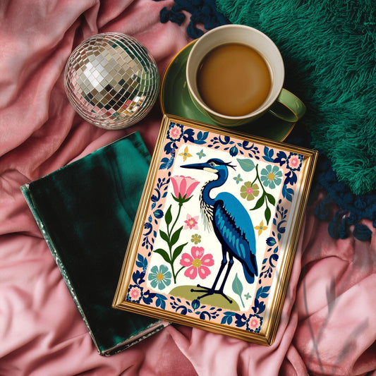 Blue Heron Wall Art | Floral Bird Wall Art | Whimsical Nature Poster | Pink and Blue Home Decor | Modern Maximalist Art
