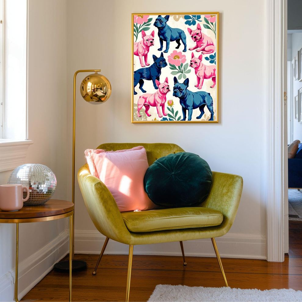 French Bulldog Art Print | Whimsical Dog Wall Art | Pink & Blue Frenchie Poster | Modern Maximalist Pet Decor | Gift for Dog Lovers