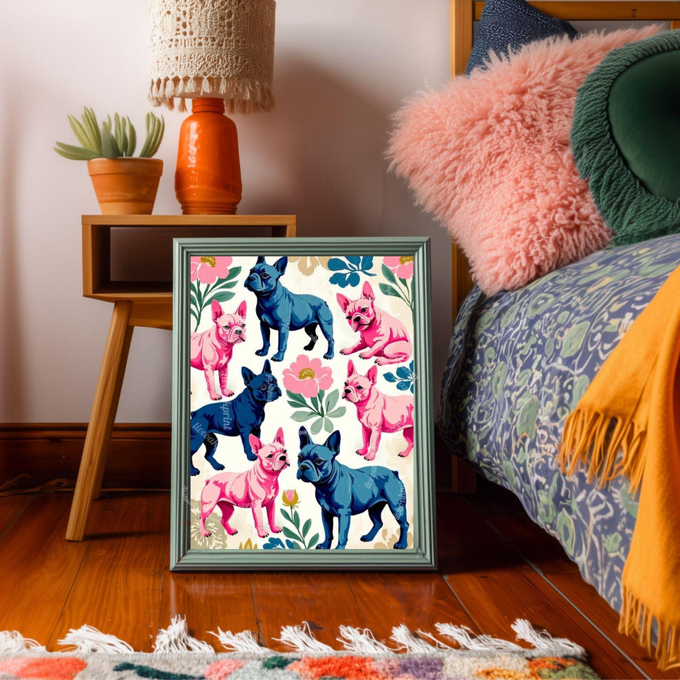 French Bulldog Art Print | Whimsical Dog Wall Art | Pink & Blue Frenchie Poster | Modern Maximalist Pet Decor | Gift for Dog Lovers