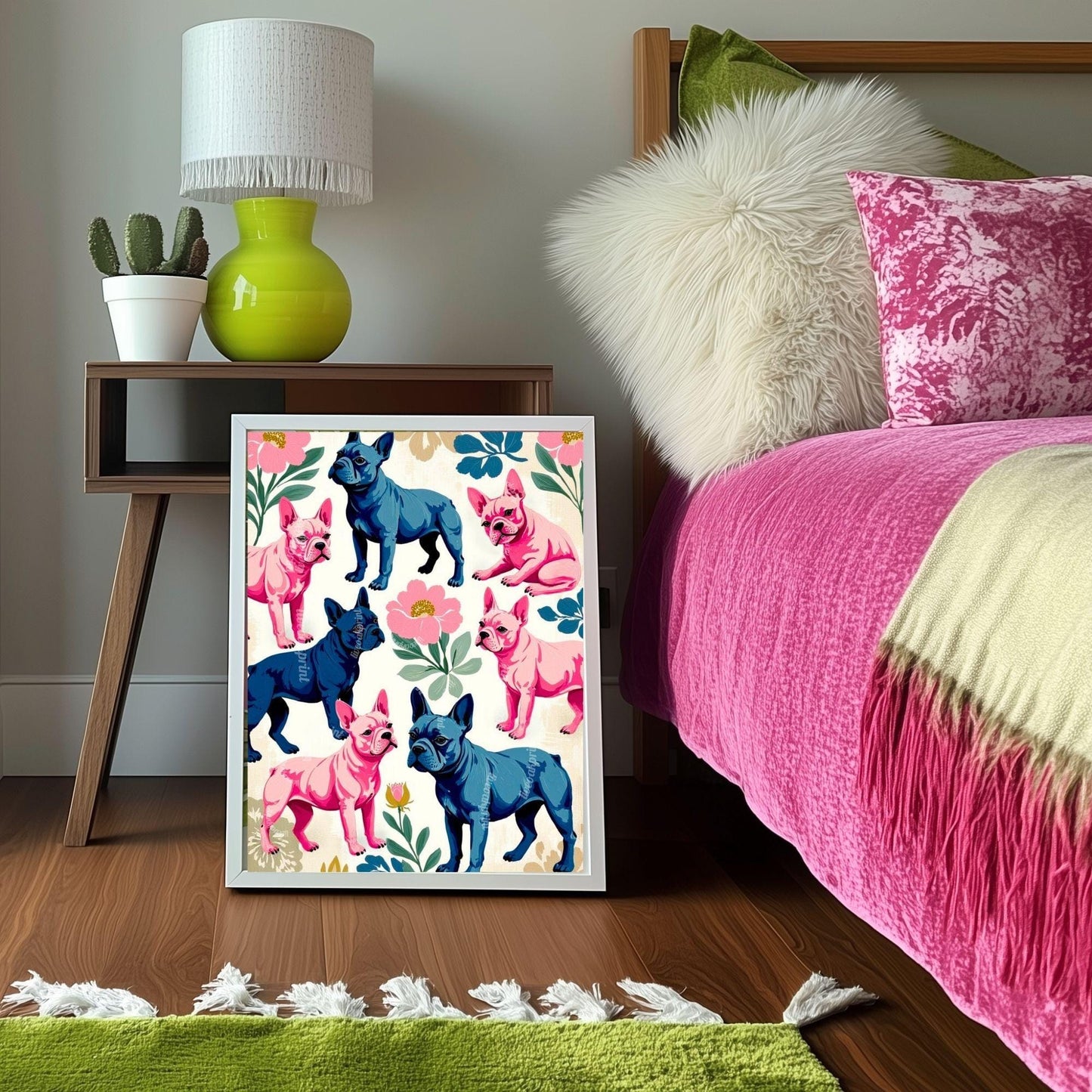 French Bulldog Art Print | Whimsical Dog Wall Art | Pink & Blue Frenchie Poster | Modern Maximalist Pet Decor | Gift for Dog Lovers