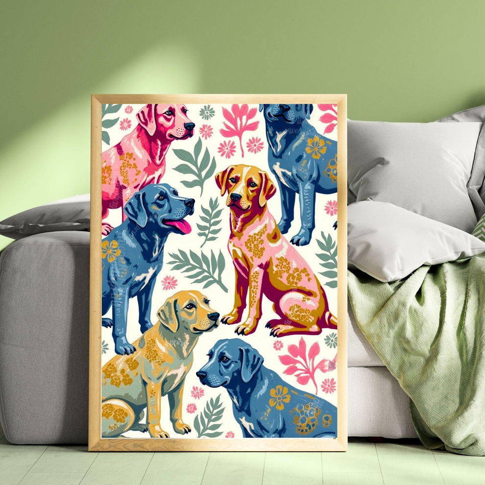 Yellow Lab Art Print | Labrador Retriever Wall Art | Whimsical Dog Print | Pink & Blue Lab Poster | Gift for Dog Lovers | Framed or Unframed