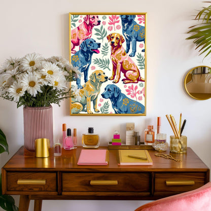 Yellow Lab Art Print | Labrador Retriever Wall Art | Whimsical Dog Print | Pink & Blue Lab Poster | Gift for Dog Lovers | Framed or Unframed