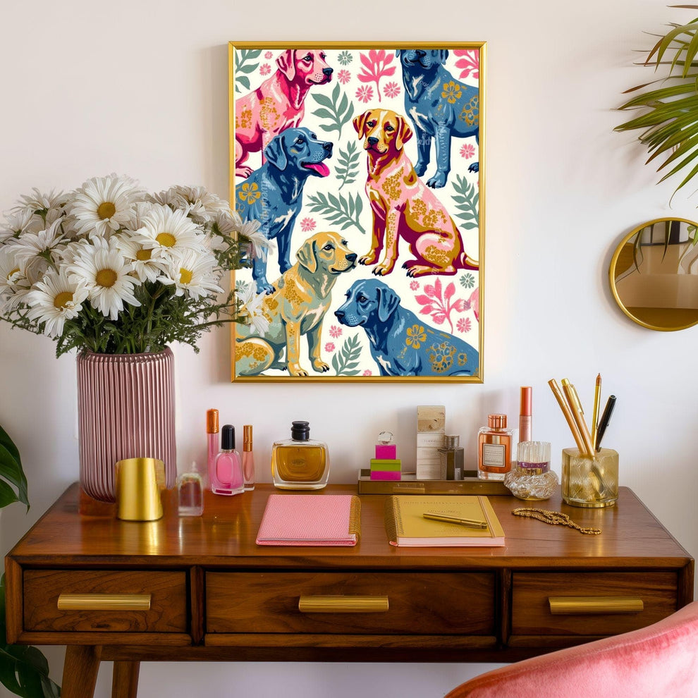 Yellow Lab Art Print | Labrador Retriever Wall Art | Whimsical Dog Print | Pink & Blue Lab Poster | Gift for Dog Lovers | Framed or Unframed