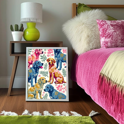Yellow Lab Art Print | Labrador Retriever Wall Art | Whimsical Dog Print | Pink & Blue Lab Poster | Gift for Dog Lovers | Framed or Unframed