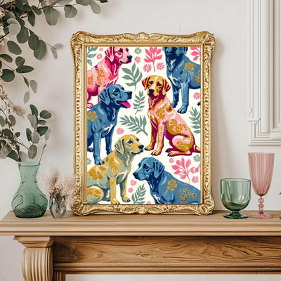 Yellow Lab Art Print | Labrador Retriever Wall Art | Whimsical Dog Print | Pink & Blue Lab Poster | Gift for Dog Lovers | Framed or Unframed
