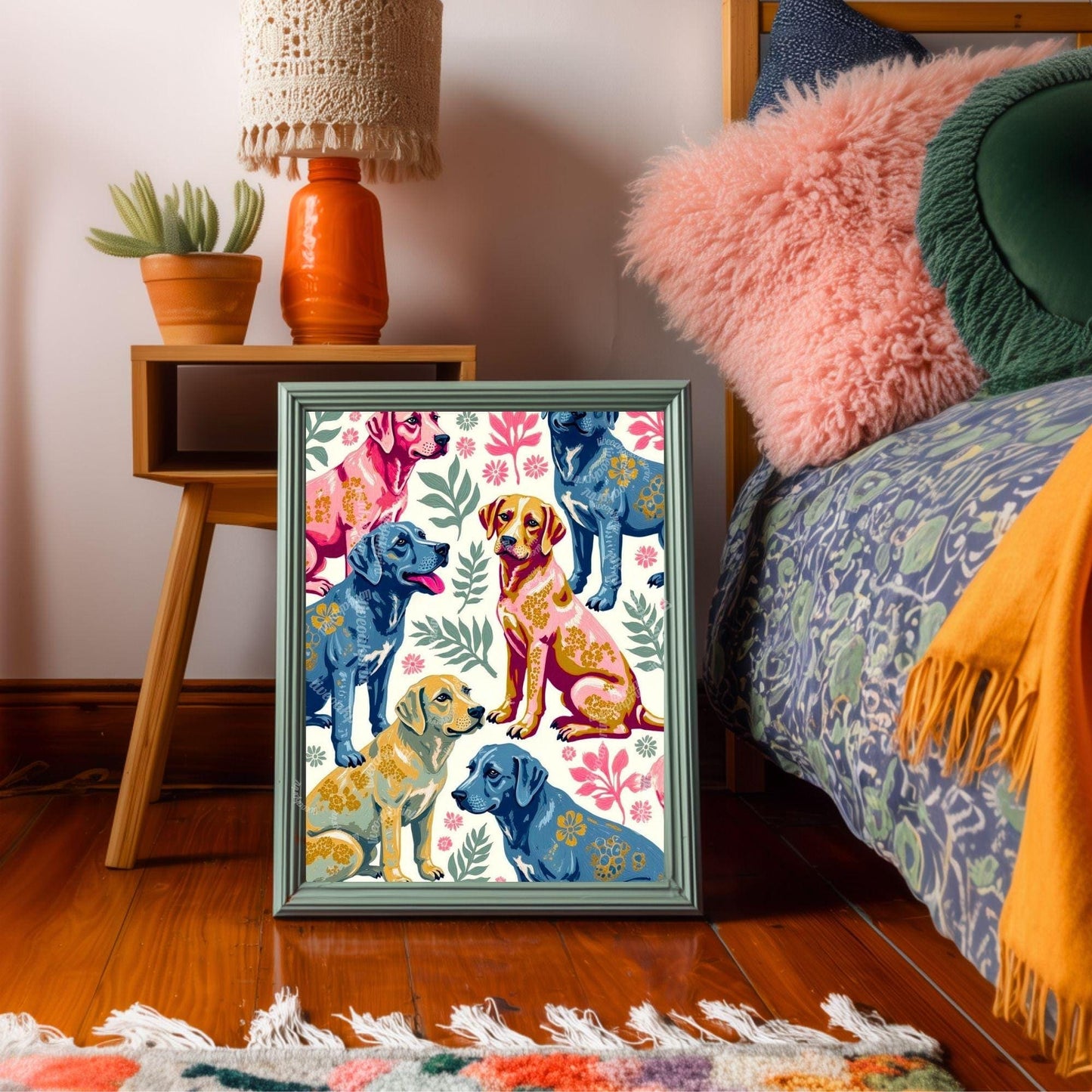 Yellow Lab Art Print | Labrador Retriever Wall Art | Whimsical Dog Print | Pink & Blue Lab Poster | Gift for Dog Lovers | Framed or Unframed