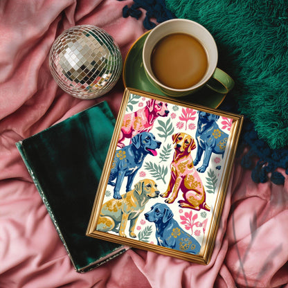 Yellow Lab Art Print | Labrador Retriever Wall Art | Whimsical Dog Print | Pink & Blue Lab Poster | Gift for Dog Lovers | Framed or Unframed