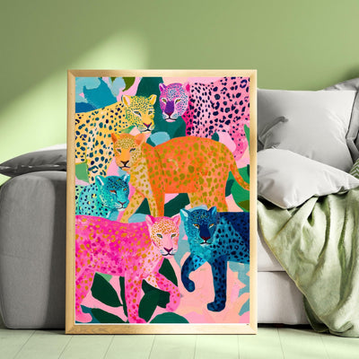 Colorful Leopard Art Print | Whimsical Jungle Wall Art | Pink & Blue Leopard Poster | Modern Maximalist Animal Decor | Framed or Unframed