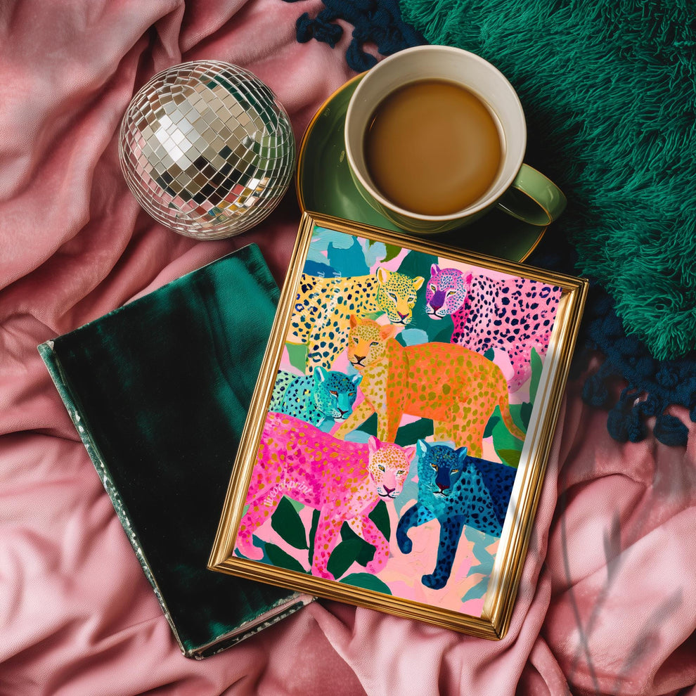 Colorful Leopard Art Print | Whimsical Jungle Wall Art | Pink & Blue Leopard Poster | Modern Maximalist Animal Decor | Framed or Unframed