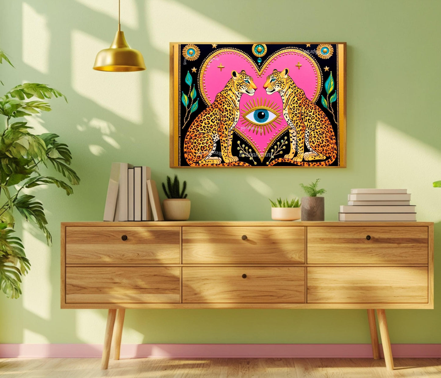 Celestial Leopard Heart Art Print | Mystical Animal Wall Art | Pink & Gold Maximalist Decor | Whimsical Jungle Poster | Framed or Unframed