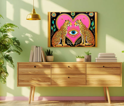 Celestial Leopard Heart Art Print | Mystical Animal Wall Art | Pink & Gold Maximalist Decor | Whimsical Jungle Poster | Framed or Unframed