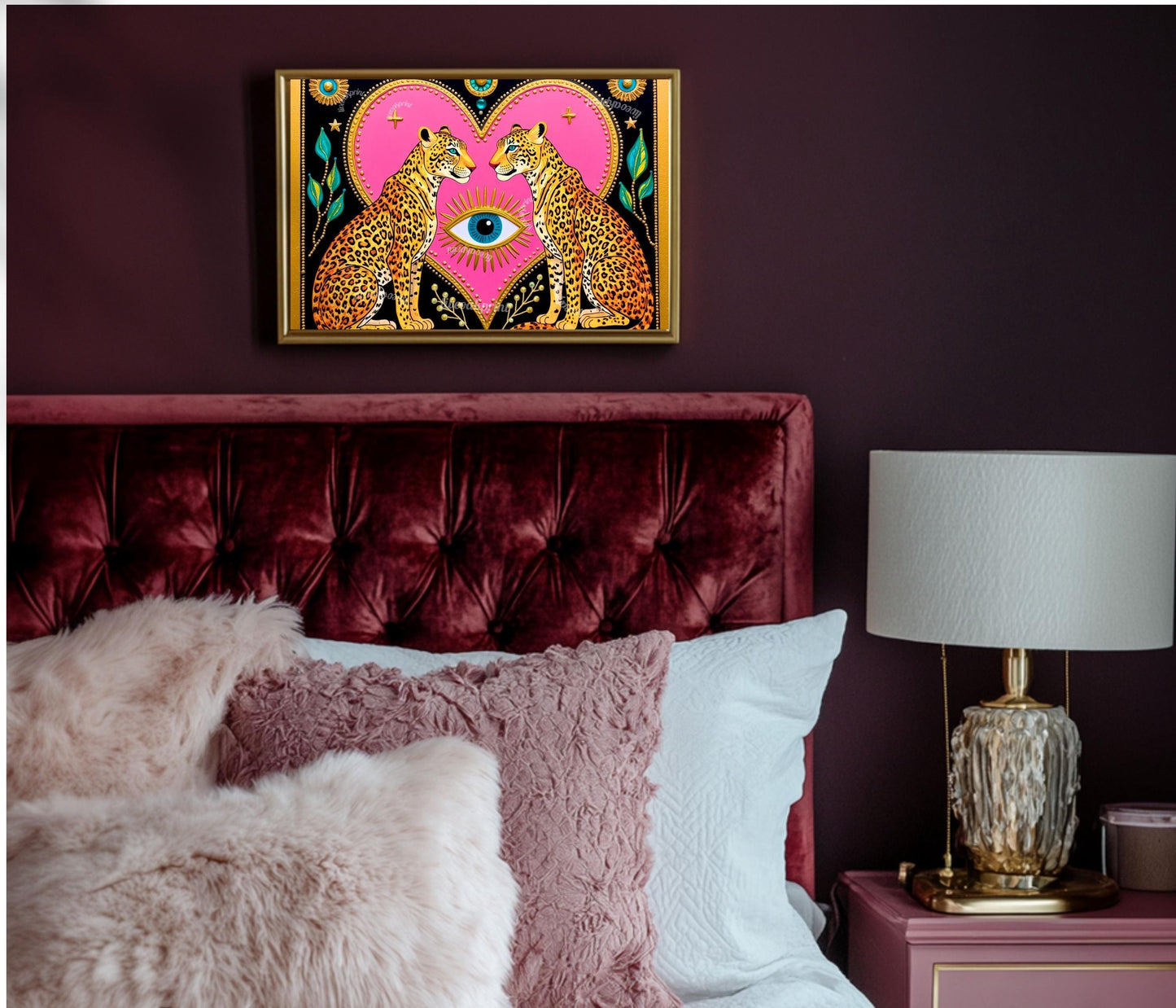 Celestial Leopard Heart Art Print | Mystical Animal Wall Art | Pink & Gold Maximalist Decor | Whimsical Jungle Poster | Framed or Unframed