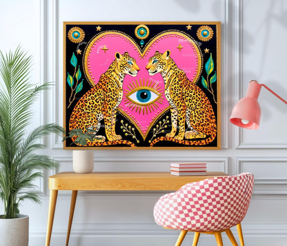 Celestial Leopard Heart Art Print | Mystical Animal Wall Art | Pink & Gold Maximalist Decor | Whimsical Jungle Poster | Framed or Unframed