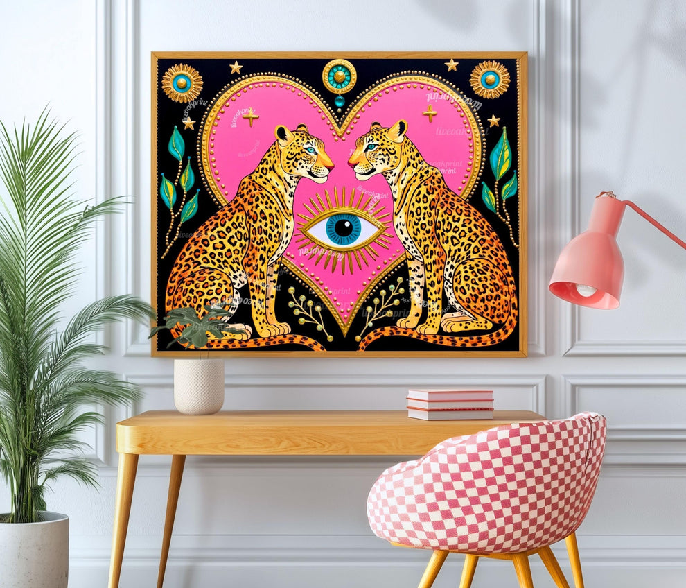 Celestial Leopard Heart Art Print | Mystical Animal Wall Art | Pink & Gold Maximalist Decor | Whimsical Jungle Poster | Framed or Unframed