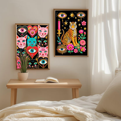 Mystic Feline Guardians Art Print - Sacred Hearts Art Print Folk Wall Art Funky Cat Print Witchy Cat Gift Psychedelic Wall Decor Gold Art