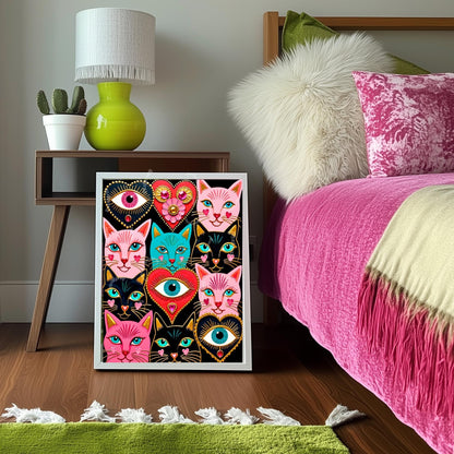 Mystic Feline Guardians Art Print - Sacred Hearts Art Print Folk Wall Art Funky Cat Print Witchy Cat Gift Psychedelic Wall Decor Gold Art