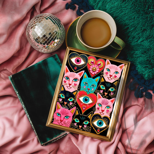 Mystic Feline Guardians Art Print - Sacred Hearts Art Print Folk Wall Art Funky Cat Print Witchy Cat Gift Psychedelic Wall Decor Gold Art