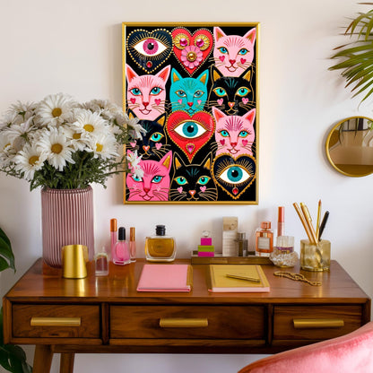 Mystic Feline Guardians Art Print - Sacred Hearts Art Print Folk Wall Art Funky Cat Print Witchy Cat Gift Psychedelic Wall Decor Gold Art