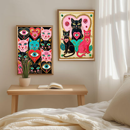 The Enchanted Cat Sisters – Whimsical Witchy Cat Wall Art Folk Wall Art Funky Cat Print Witchy Cat Gift Psychedelic Wall Decor Gold Wall Art